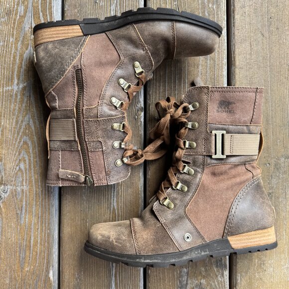Sorel Major Carly Brown Leather & Canvas Lace Up Side Zip Combat Boots Womens 9 - Picture 3 of 15